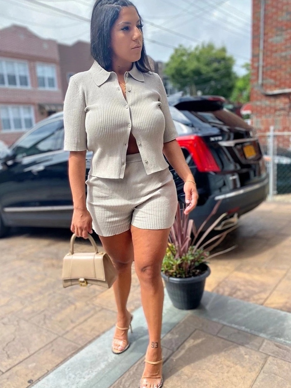 H&M Ribbed 3-Piece Set in beige